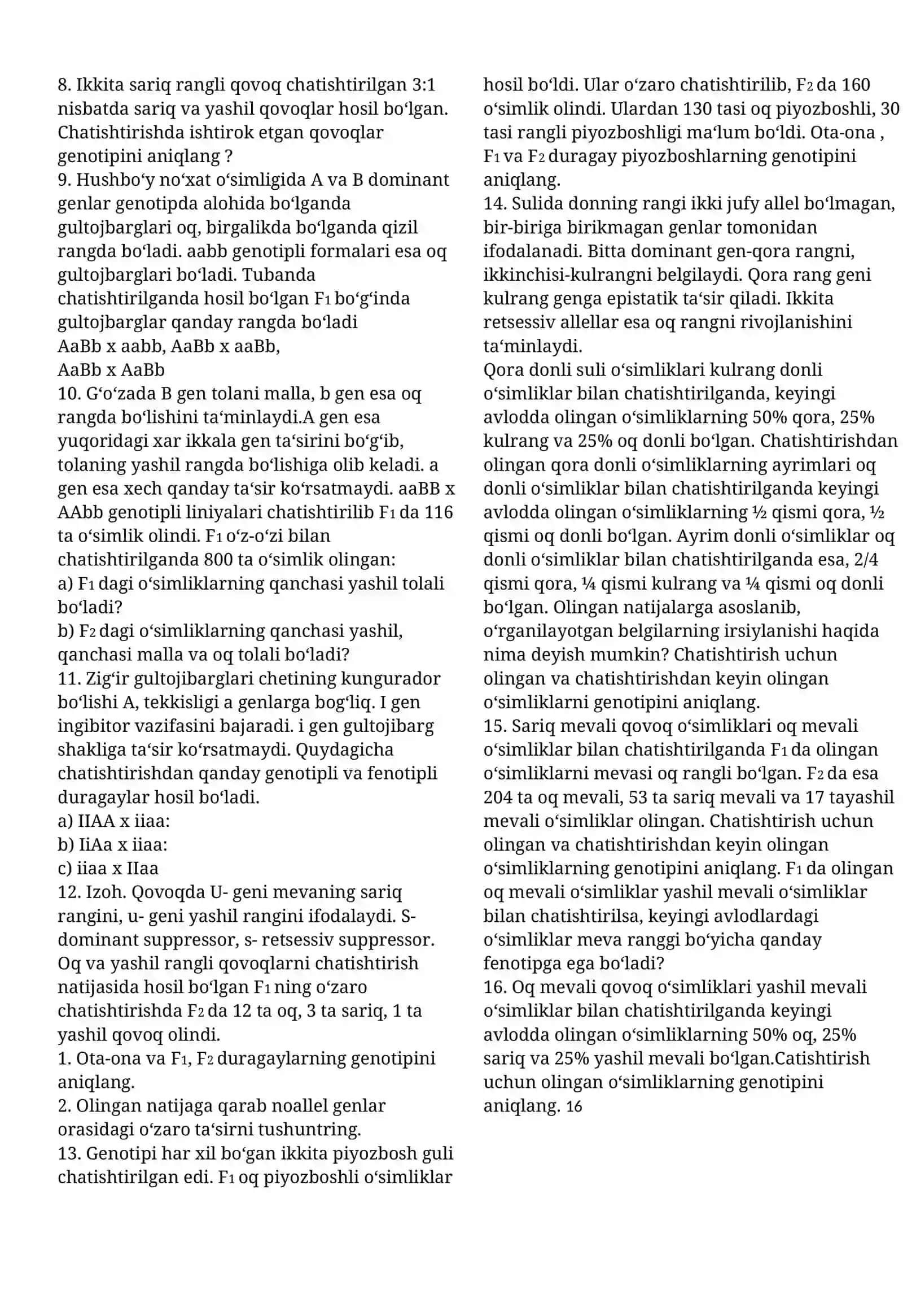 Genlarni o’zaro ( KOMPLEMENTAR) ta’siriga oid masalalar 4