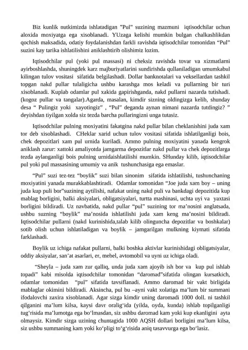PUL AYLANMASI VA UNING TARKIBI, PUL MASSASI 4