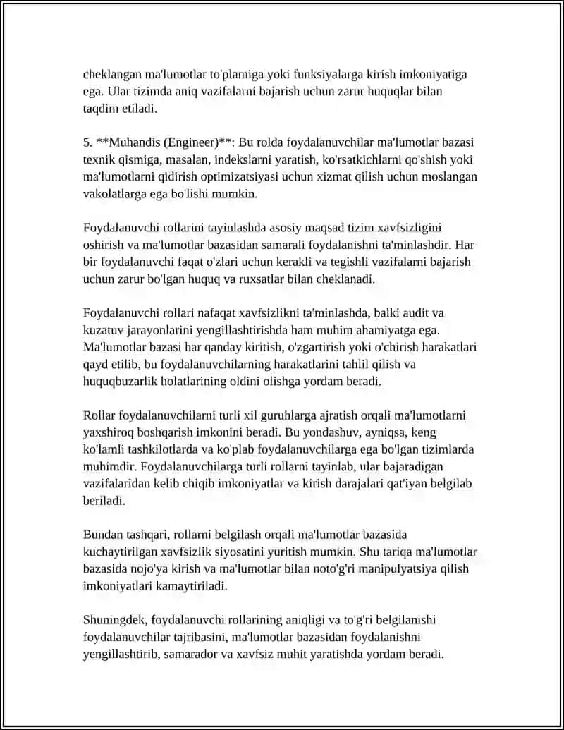 MA'LUMOTLAR BAZASIDA FOYDALANUVCHI ROLLARI VA RUXSATLARI 4