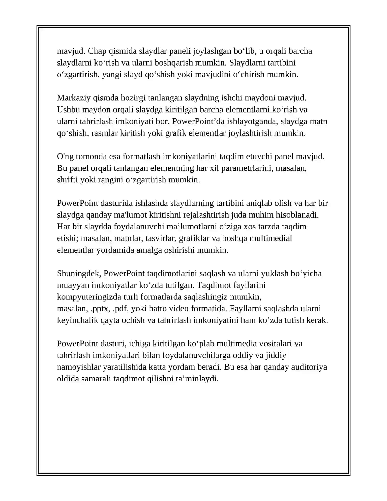 NAMOYISH DASTURLARI.POWER POINT DASTURI VA UNDAN FOYDALANISH ASOSLARI 4