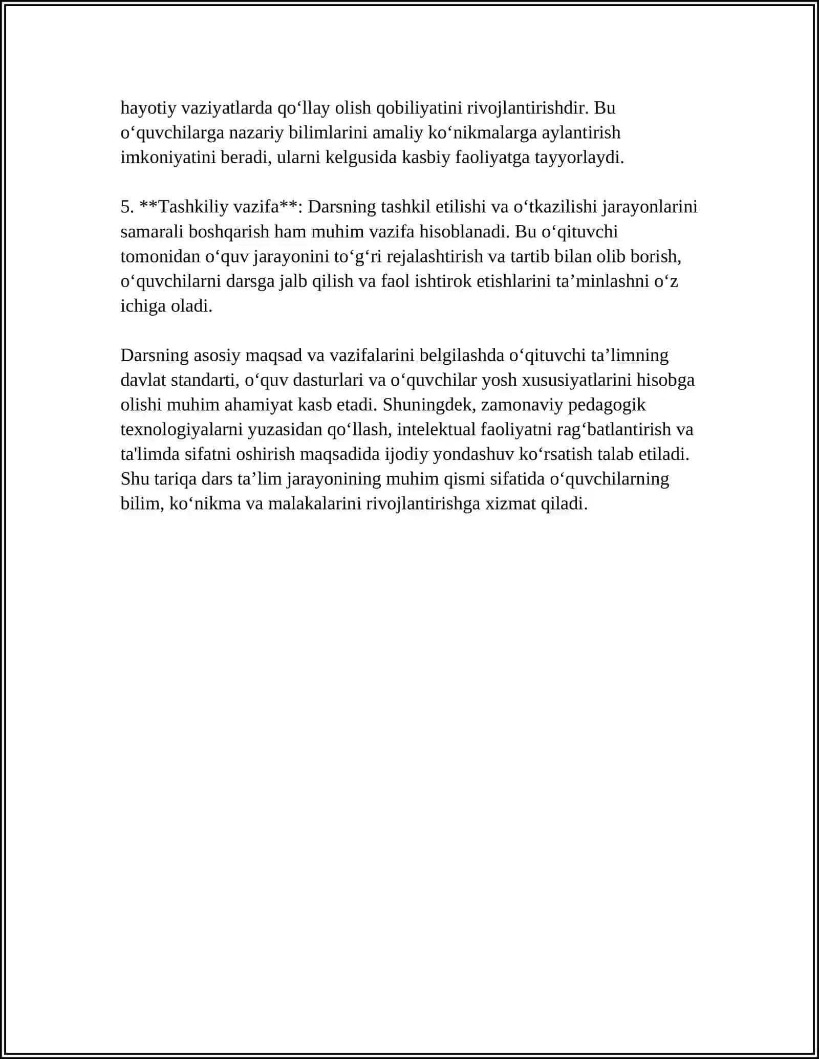 DARSNI TASHKIL QILISHGA TAYYORGARLIK, BIR SOATLIK DARS REJA KONSPEKTINI TAYYORLASH 4
