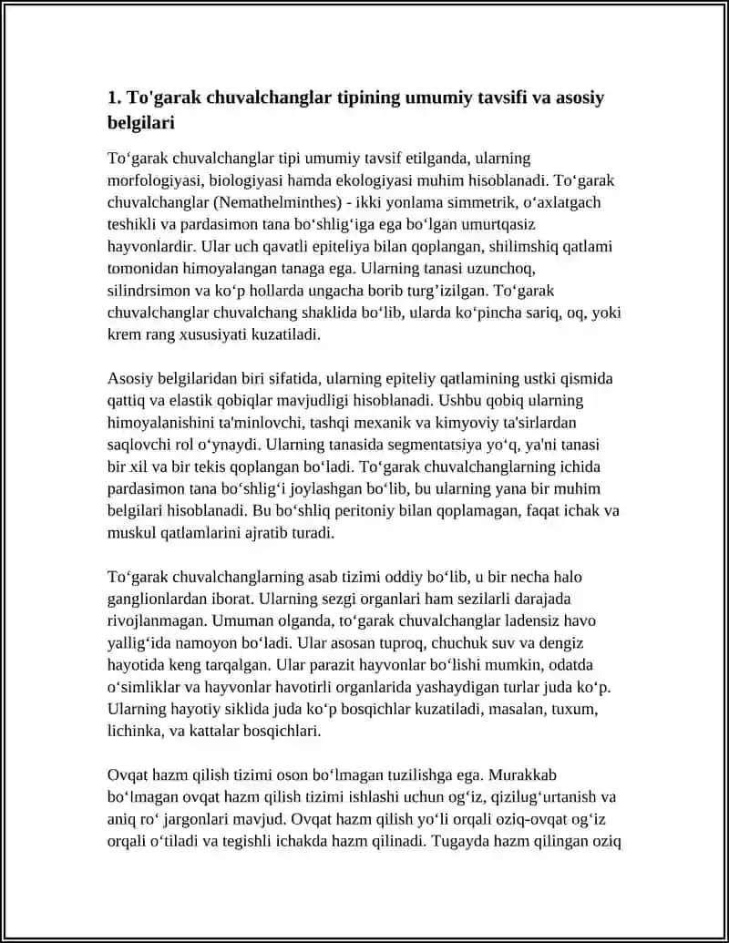 TÒGARAK CHUVALCHANGLAR TIPI, QORIN KIPRIKLI CHUVALCHANGLAR VA NEMATODALAR SINFIGA XATAKTERESTIKA BERING 4