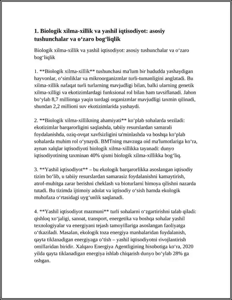MUSTAQIL ISH Mavzu: BIOLOGIK XILMA-XILLIK VA YASHIL IQTISODIYOT. 4