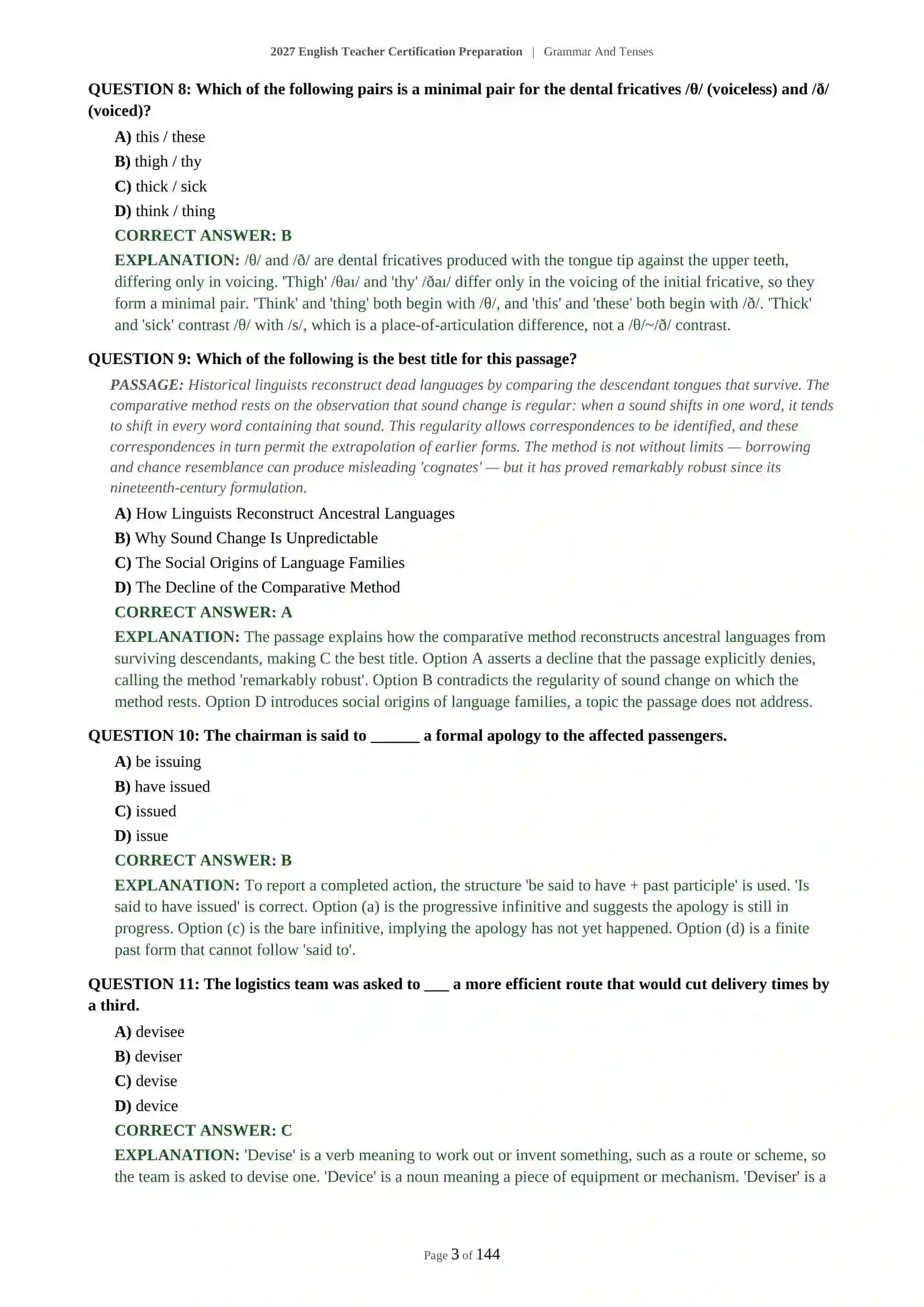 ENGLISH TEACHER PROFESSIONAL DEVELOPMENT - GRAMMAR AND TENSES - 2027 CERTIFICATION PREPARATION (600 QUESTIONS) 4