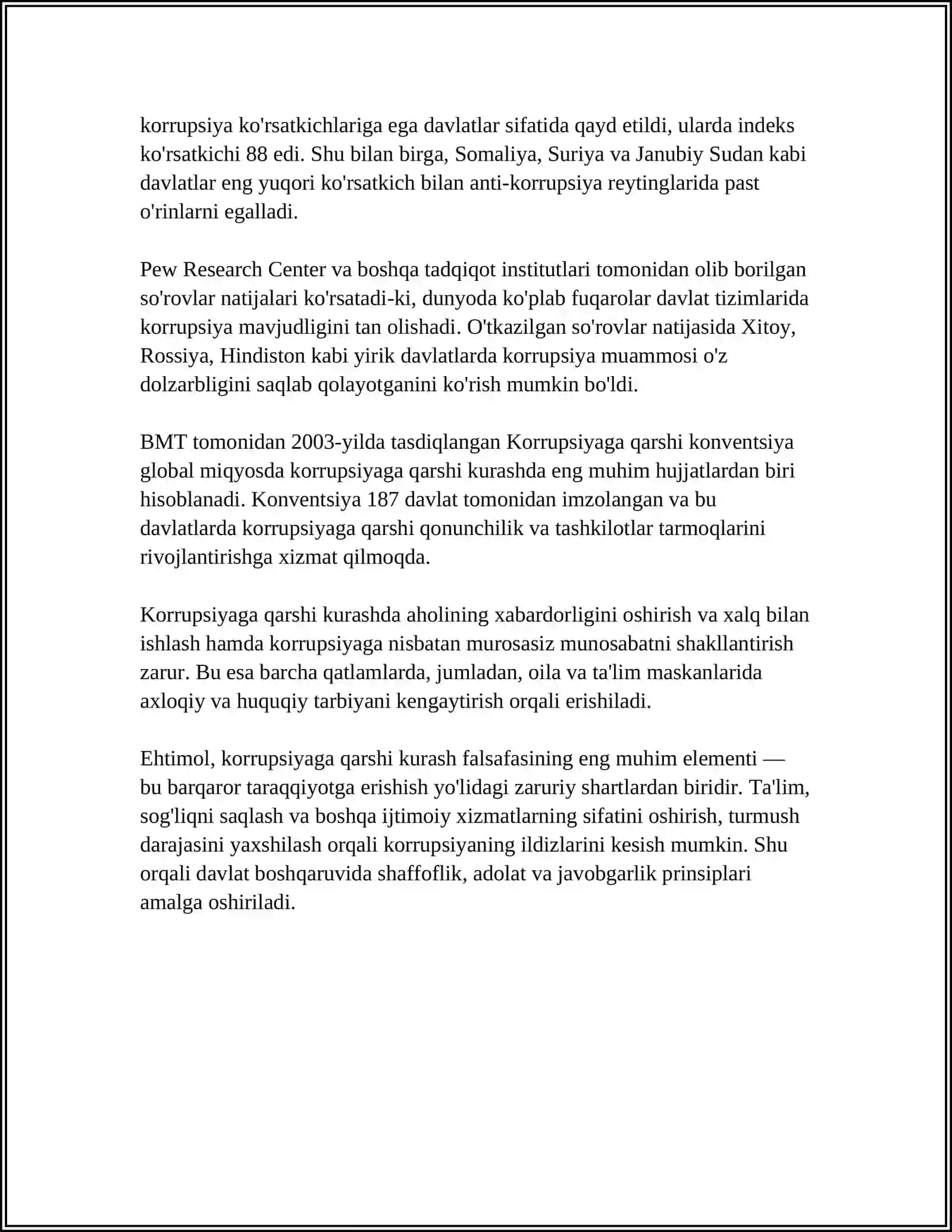 GLOBALLASHUV VA BARQAROR TARAQQIYOT FALSAFASI: KORRUPSIYAGA QARSHI KURASHISHNING JAXON TAJRIBASI.OʻZBEKISTONING KORRUPSIYAGA QARSHI KURASH SIYOSATI 4