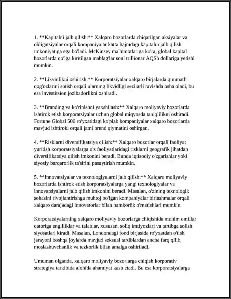 XALQARO MOLIYAVIY BOZORLARDA KORPORATSIYALAR ISHTIROKI 4