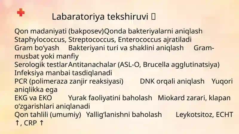 Yurak qon tomir sistemasiga taʼsir etuvchi mikoorganizmlar, patogenezi,labaratoriya tekshiruvi 4