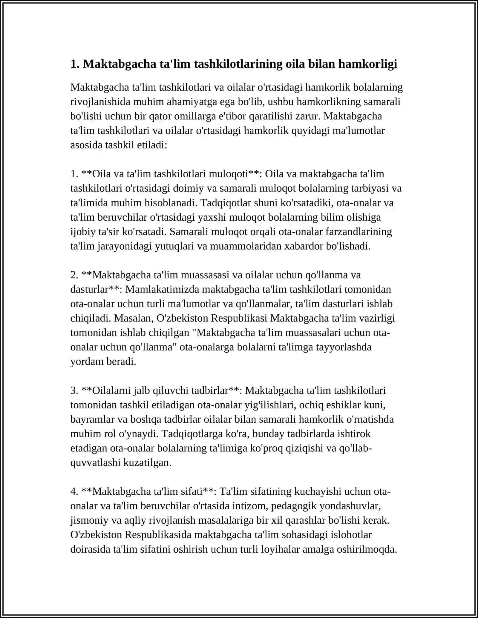 MAKTABGACHA TA'LIM TASHKILOTI, OILA VA MAHALIY JAMOATCHILIK BILAN HAMKORLIK 4