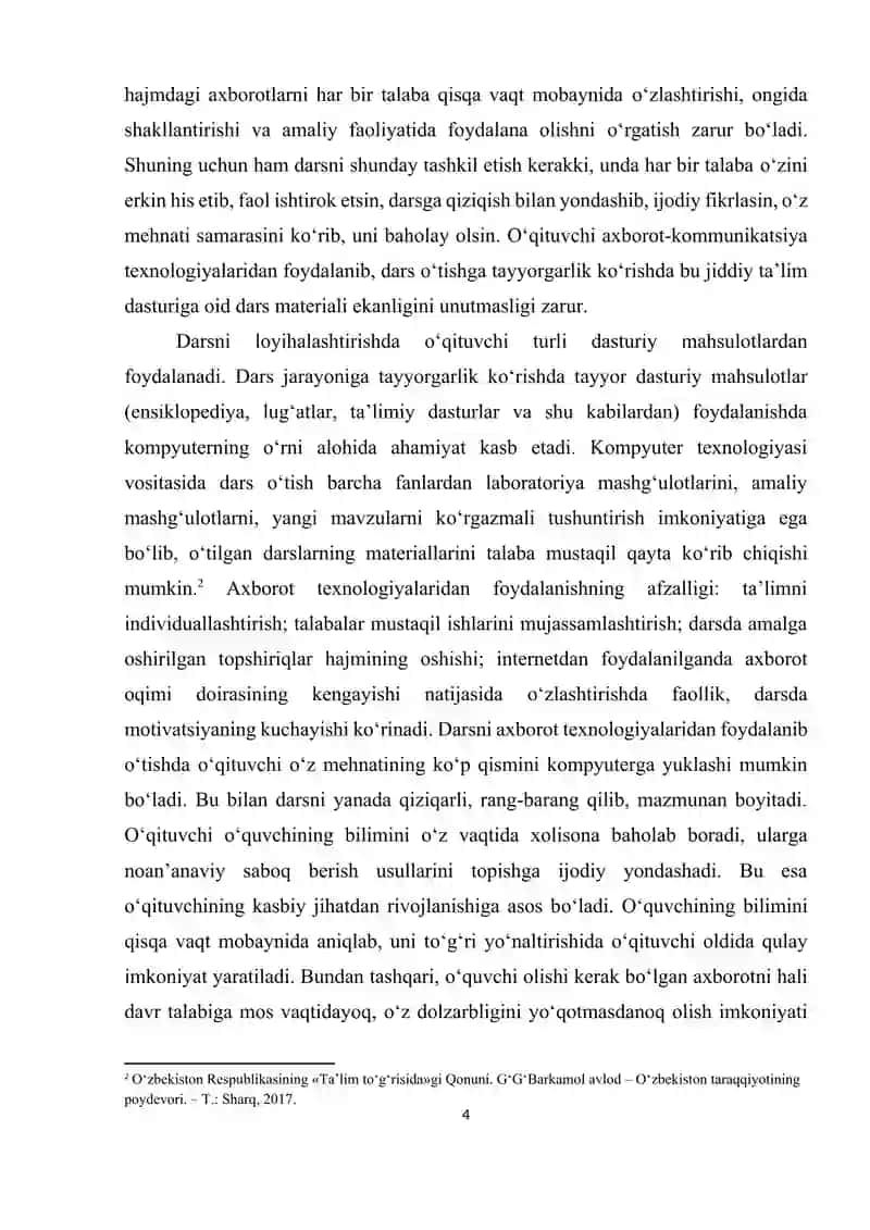 “Professional ta'limda mutaxasislik fanlarini o'qitishda zamonaviy axborot texnologiyalaridan foydalanish” mavzusida tayyorlagan 4