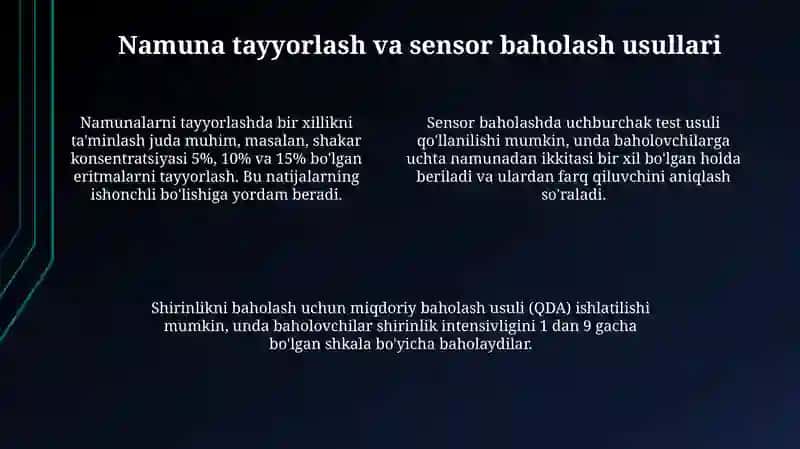 Qo'shilgan shakar bilan tayyorlangan mahsulotlariga sensorik baho berish 4