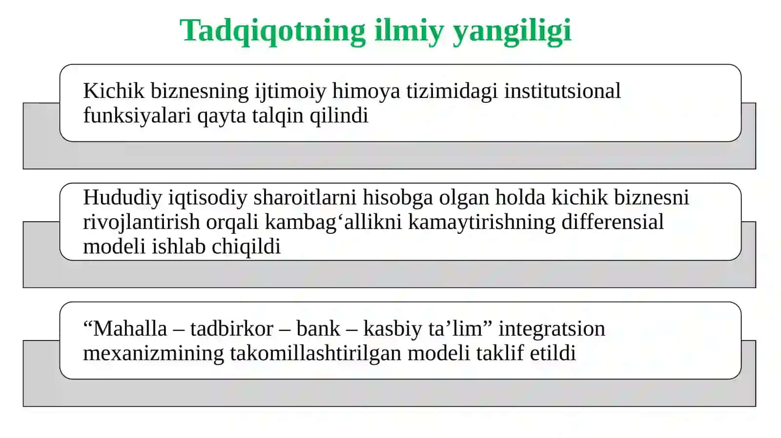 AHOLINI IJTIMOIY HIMOYA QILISH VA KAMBAG'ALLIKNI QISQARTIRISHDA KICHIK BIZNESNING ROLINI OSHIRISH MASALALARI (SURXONDARYO VILOYATI MISOLIDA) 4