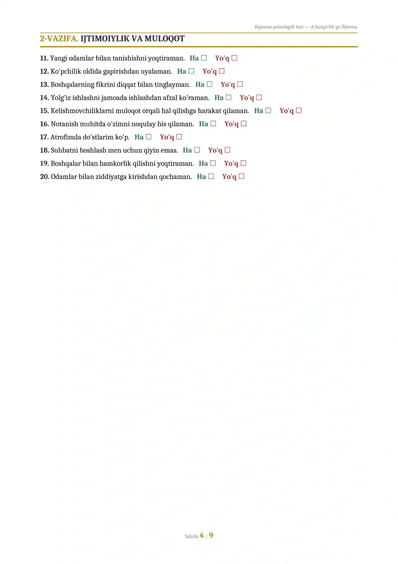 Bojxona psixologik testlar 4