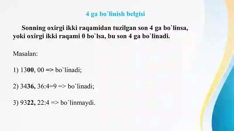 Bo'linish belgilari 2 dan 20 gacha 4