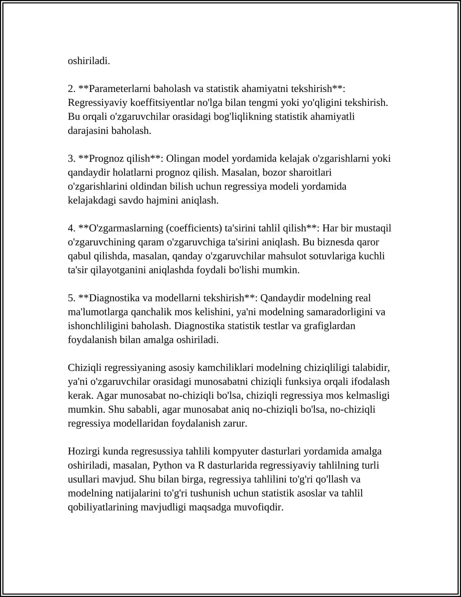 REGRESSIYANING TURLI KÕRINISHDAGI TENGLAMALARINI TOPISHDA ENG KICHIK KVADRATLAR USULINING MOHIYATI VA UNING HAR XIL MODIFIKATSIYALARI. REGRESSIYA MASALALARINING MATEMATIK MODELLARI 4
