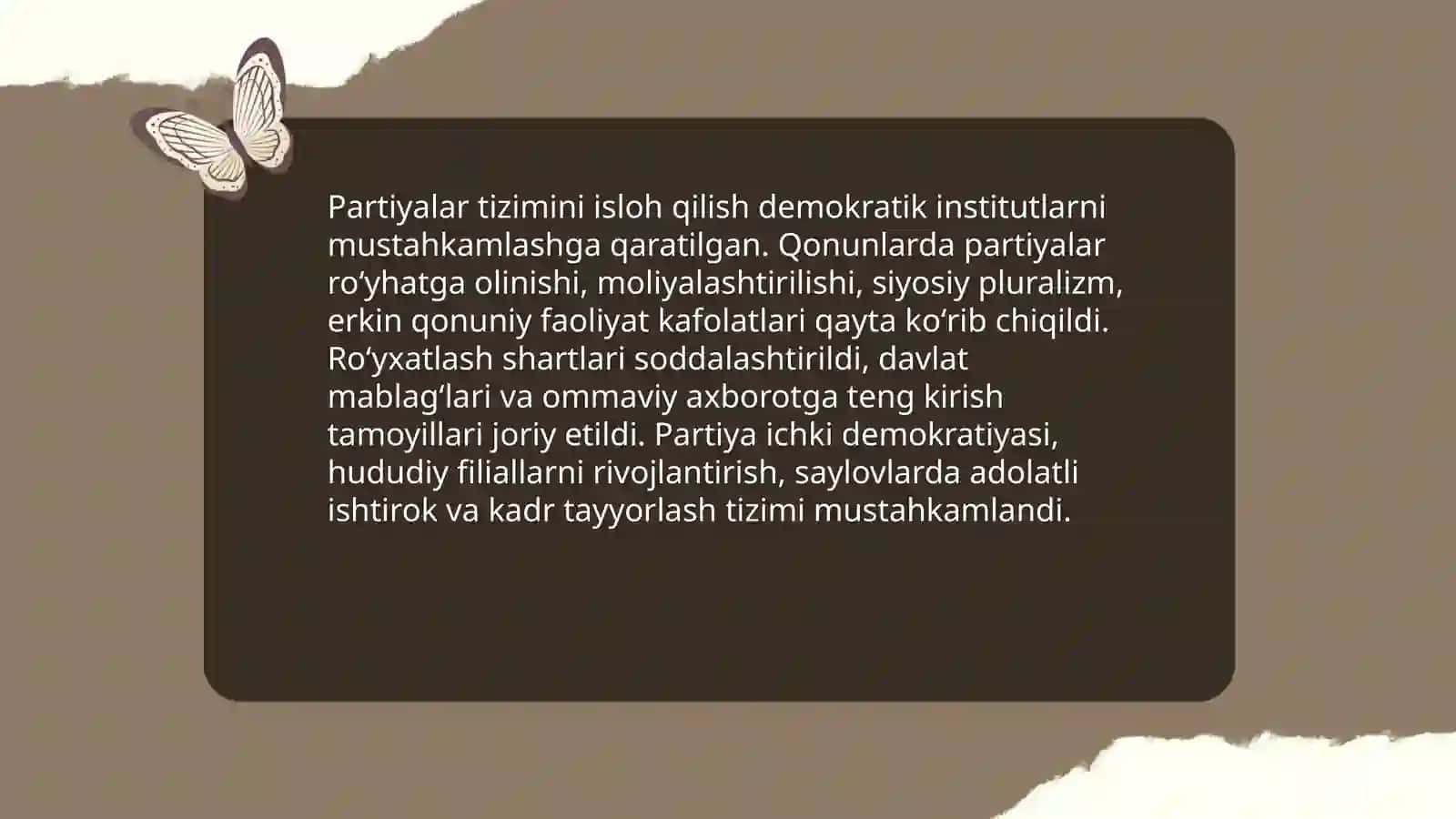 Oʻzbekistonda demokratik fuqarolik jamiyati asoslarining shakllanishi, amalga oshirilgan siyosiy islohotlar 4
