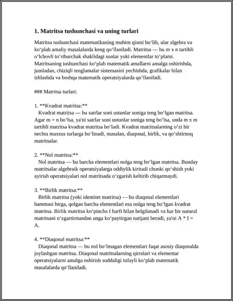 "MATRITSA VA CHIZIQLI TENGLAMALAR SISTEMASINI TESKARI MAYRITSA USULIDA YECHISH" 4