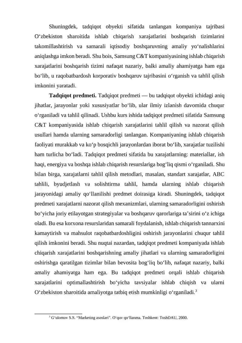 SAMSUNG C&T KOMPANIYASI MISOLIDA ISHLAB CHIQARISH XARAJATLARINI TAHLIL QILISH VA NAZORAT QILISH AMALIYOTI 4