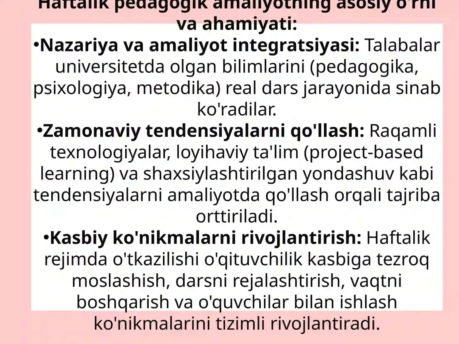12.Uzluksiz ta'limdagi tendensiyalardan foydalanish asoslarini o'zlashtirishda haftalik pedagogik amaliyotning o'rni 4