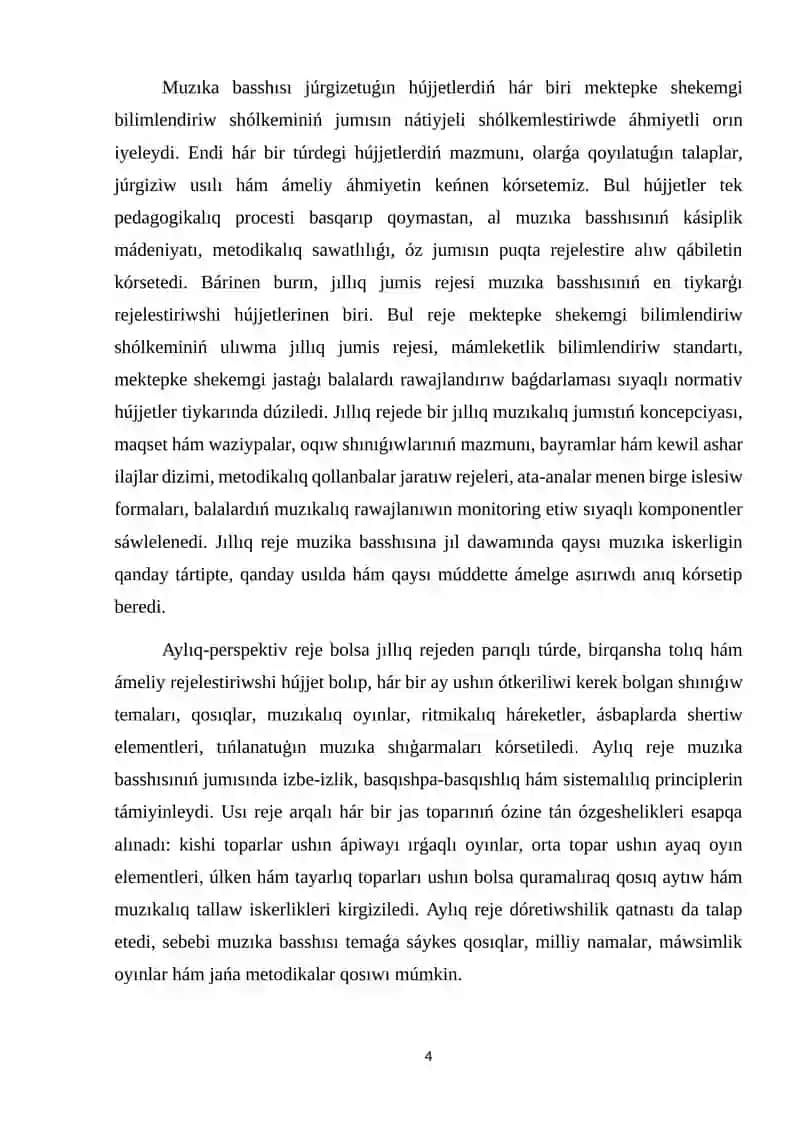 Muzıka basshısınıń hújjetleri: mazmunı hám júrgiziliwi, orınlanıwı 4