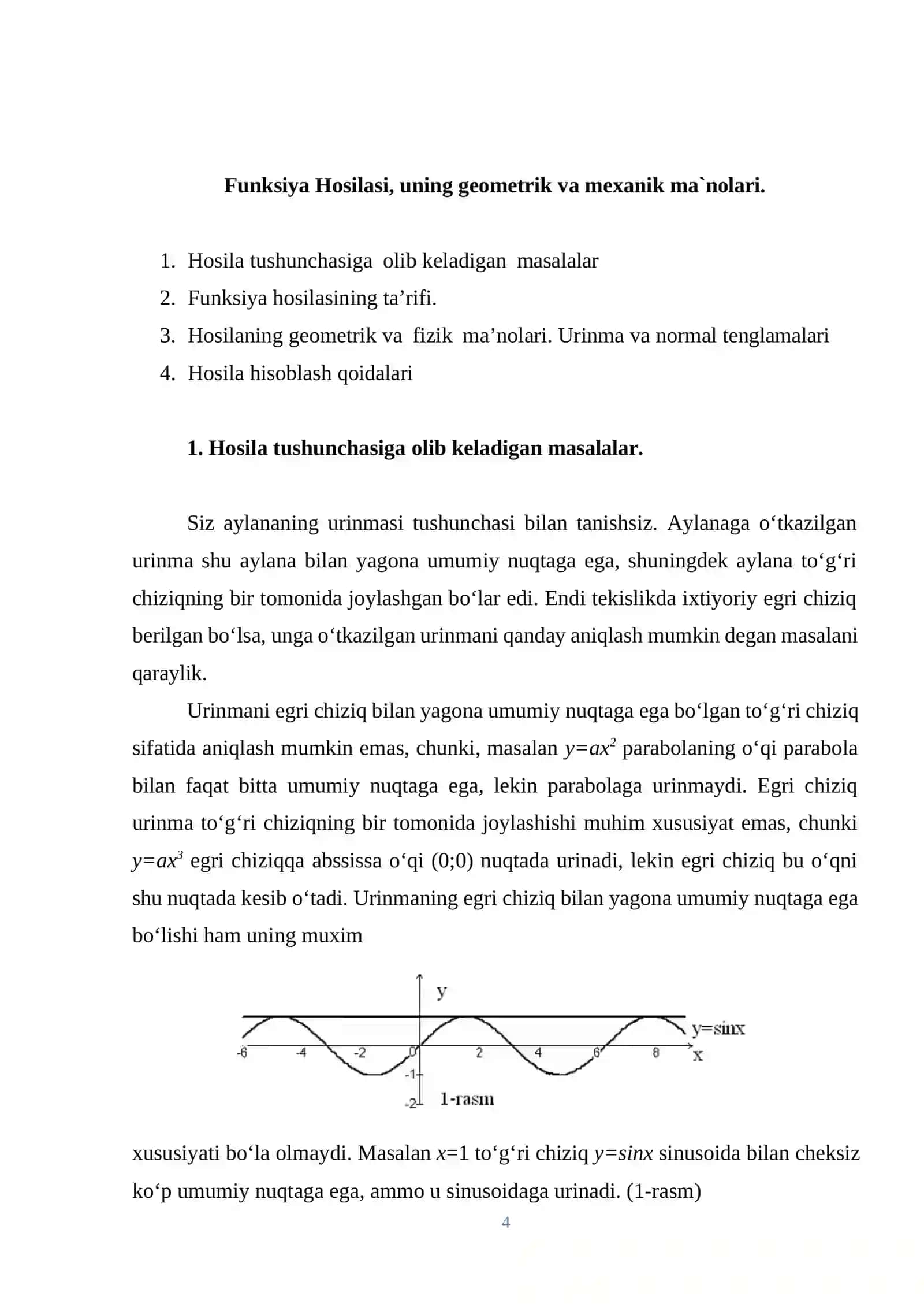 FUNKSIYA HOSILASI, UNING GEOMETRIK VA MEXANIK MA’NOLARI 4