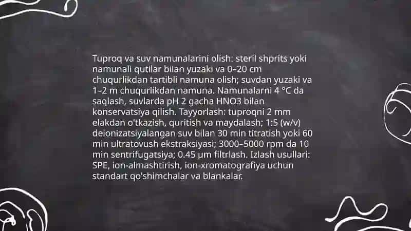 Tuproq va suvning ifloslanishida ion bog’lanishli birikmalarni aniqlab ulardan tozalash g’oyasina ishlab chiqish 4