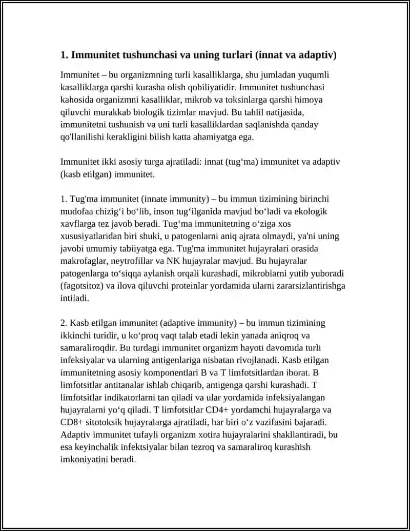 IMMUNITET HAQIDA TUSHUNCHA. YUQUMLI KASALLIKLARNING IMMUNA PROFILAKTIKASI IMMUNOTERAPIYASI 4