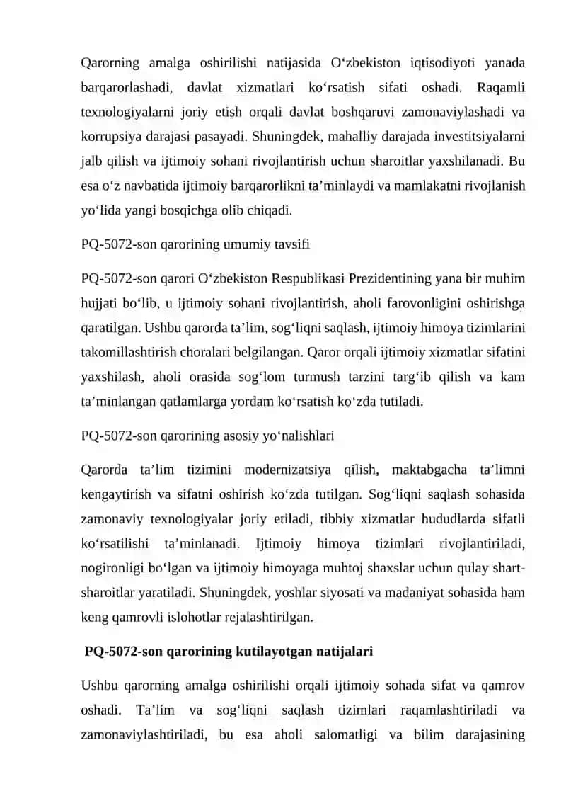 O‘zbekiston Respublikasi Prezidentining PQ-3917-son,  PQ-5072-son va PQ-5250-son Qarorlarining mohiyati. 4