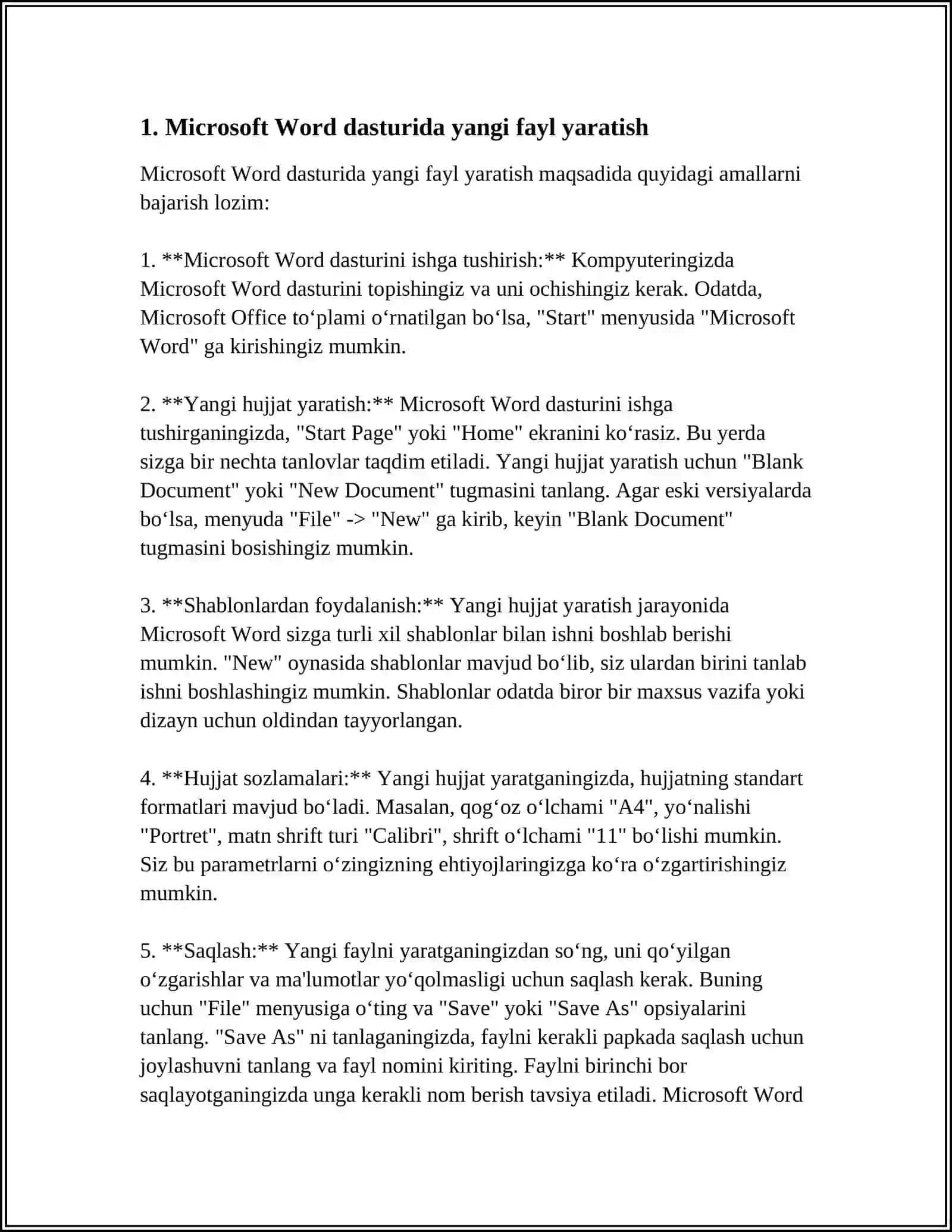 MICROSOFT WORD MATN MUHARRIRIDA FAYL YARATISH, MATNLI AXBOROTLAR BILAN ISHLASH, TAHRIRLASH, TARTIBLASH, SARALASH, SAQLASH VA CHOP ETISH 4