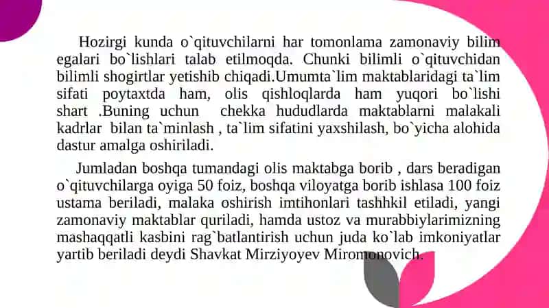 Prezident Shavkat Mirziyoyevning o`qituvchilar va ularning vazifalari haqida 4