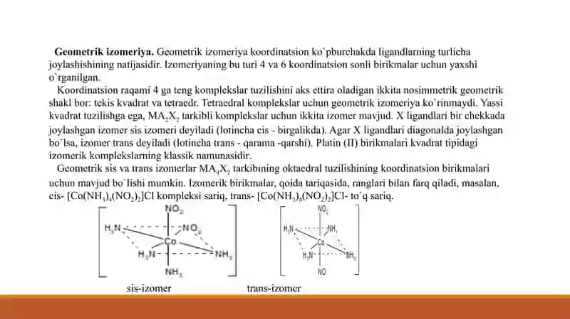 Kompleks birikmalarning geometrik izometriyasi. Kompleks birikmalar tuzilishiga doir elektron nazariya mohiyati 4