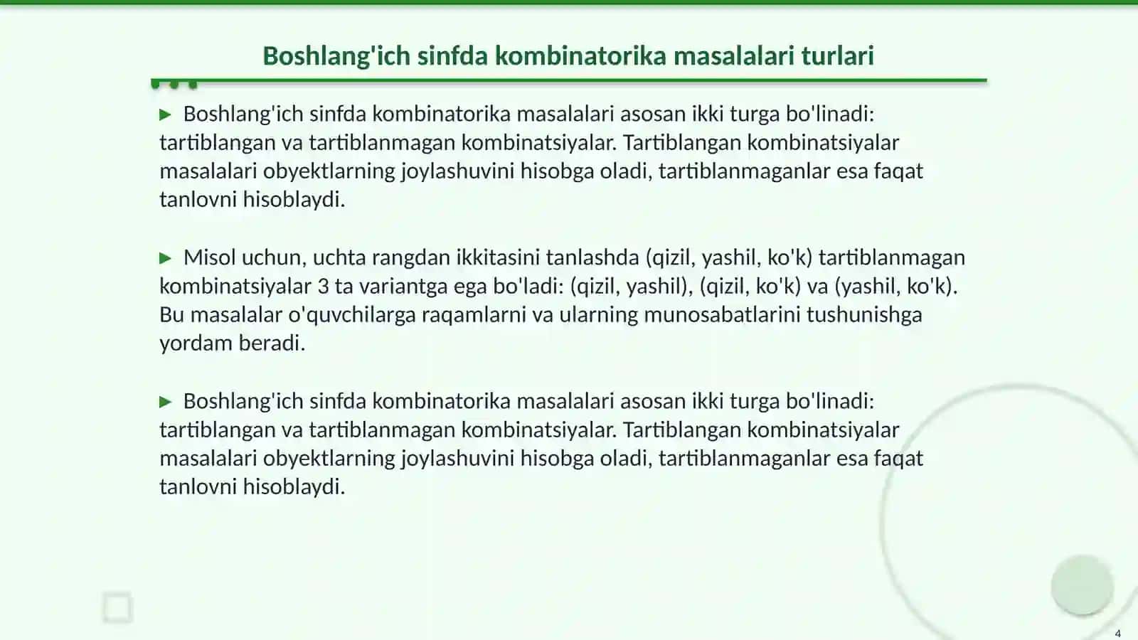 Boshlang'ich sinfda uchraydigan kombinatorika masalalarni tahlil qilish va masalalarni yechish usullarini o'rgatish 4