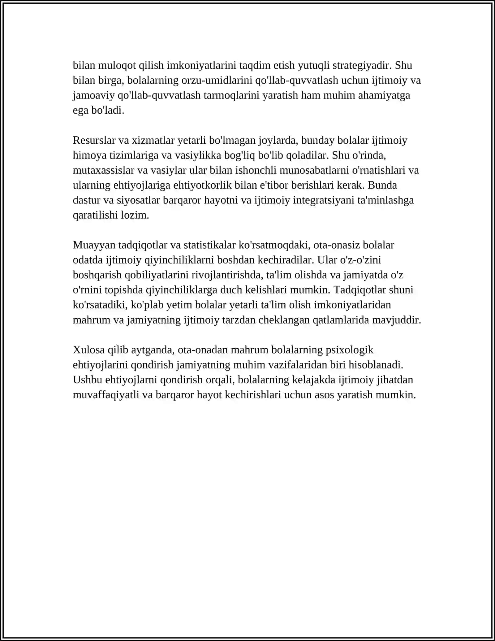 OTA-ONA QARAMOG'IDAN MAHRUM BO'LGAN BOLALAR BILAN PSIXOLOGIK REABILITATSIYA TASHKIL ETISH VA ULAR BILAN PSIXOKORREKSIYA JARAYONINI AMALGA OSHIRISH 4
