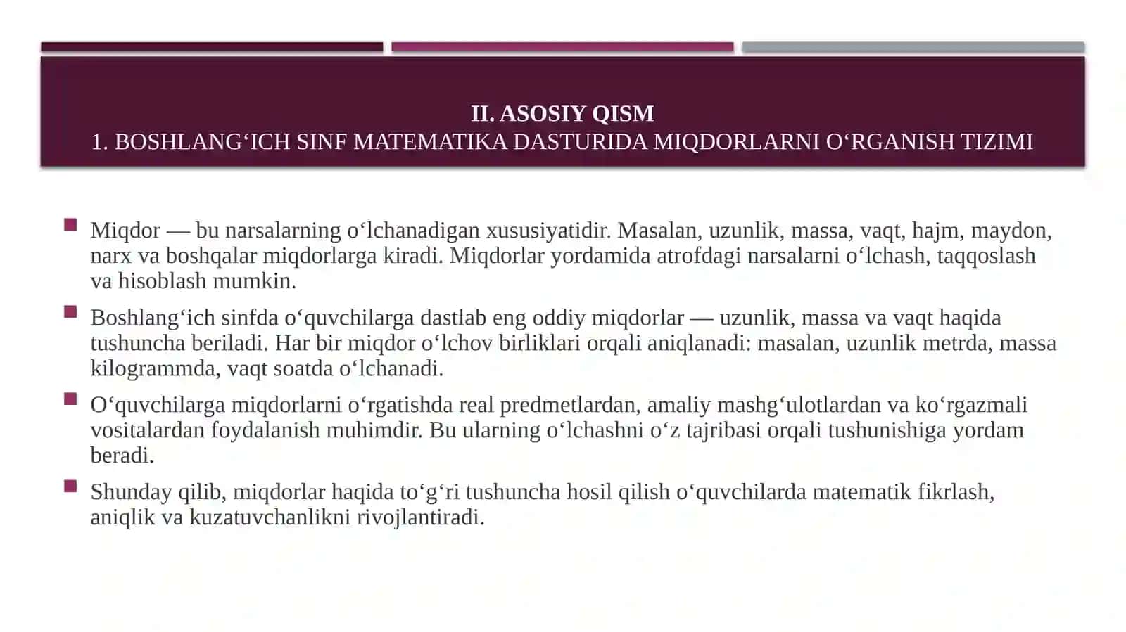 BOSHLANGʻISCHSINFLARDA ASOSIY MIQDORLAR VA ULARNIOʻLCHOVBIRLIKLARINIOʻRGATISHMETODOLOGIYASI 4