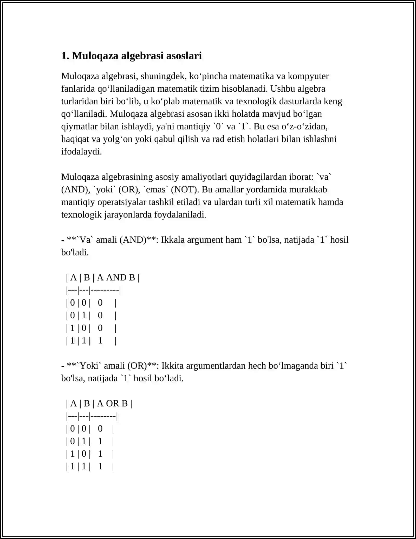 MULOHAZALAR ALGEBRASI FUNKSIYALARI.BULL ALGEBRASI 4