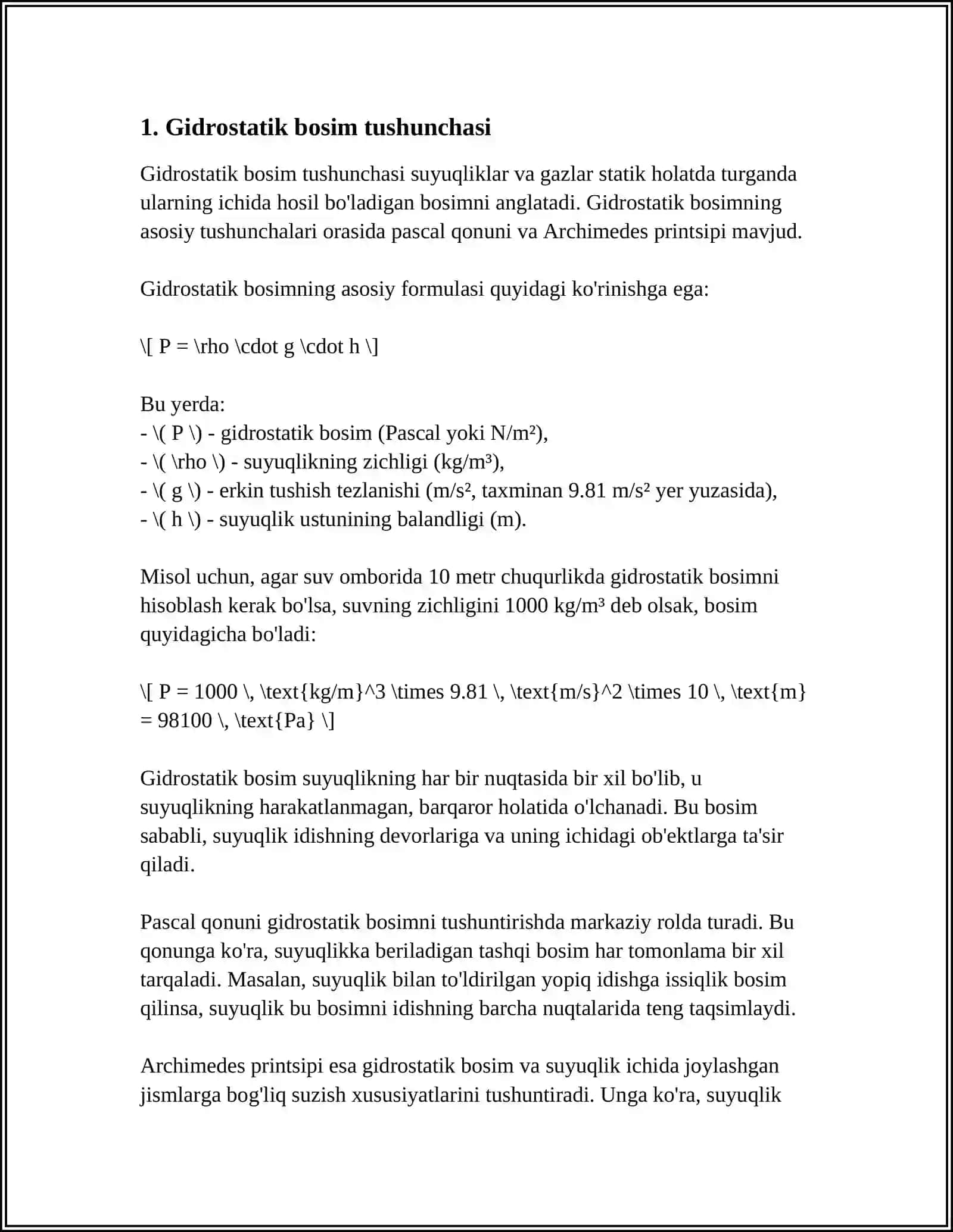 TEKIS DEVORGA TA'SIR ETUVCHI GIDROSTATIK BOSIM KUCHINI ANIQLASH.GIDROSTATIK BOSIM KUCHINI ANIQLASHNING ANALITIK VA GRAFOANALITIK USULLARI.GIDROSTATIK PARADOKS 4