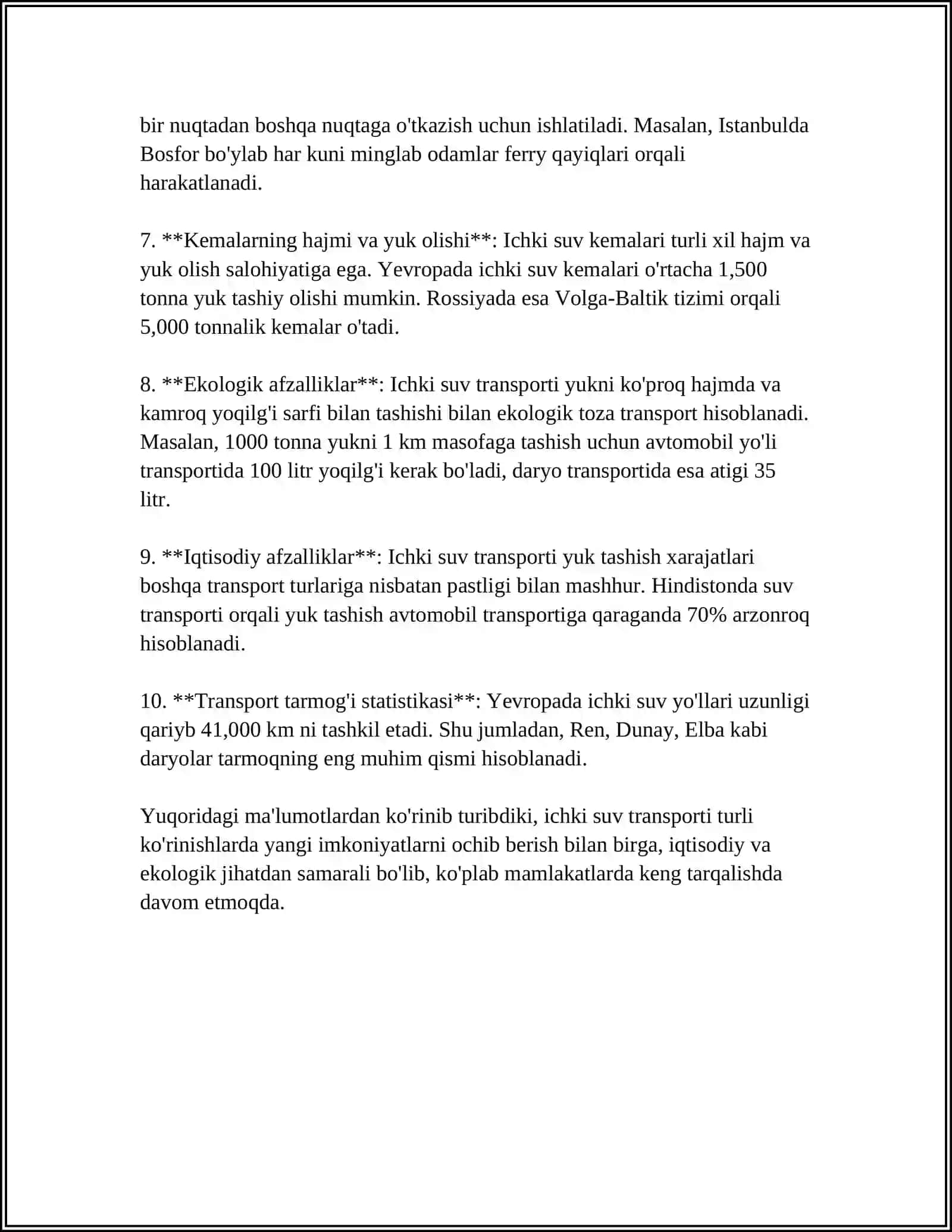 ICHKI SUV TRANSPORT UNING OʻZIGA XOS XUSUSIYATLARI VA ASOSIY KOʻRSATKICHLARI 4
