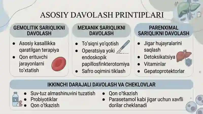 Asosiy klinik sindromlar: Sariqlik, portal gipertenziya, jigar yetishmovchiligi.
Asosiy davolash 4