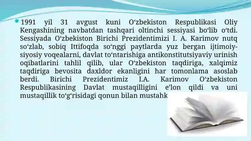 MUSTAQILLIKKA ERISHISH ARAFASIDAOʻZBEKISTONDAGIIJTIMOIY-SIYOSIY JARAYONLAR 4
