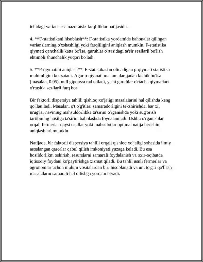 BIR FAKTORLI DISPERSION TAQLIL USULI VA UNI QISHLOQ XOJALIGI MASALALARINI YECHISHGA QOLLANISHI 4