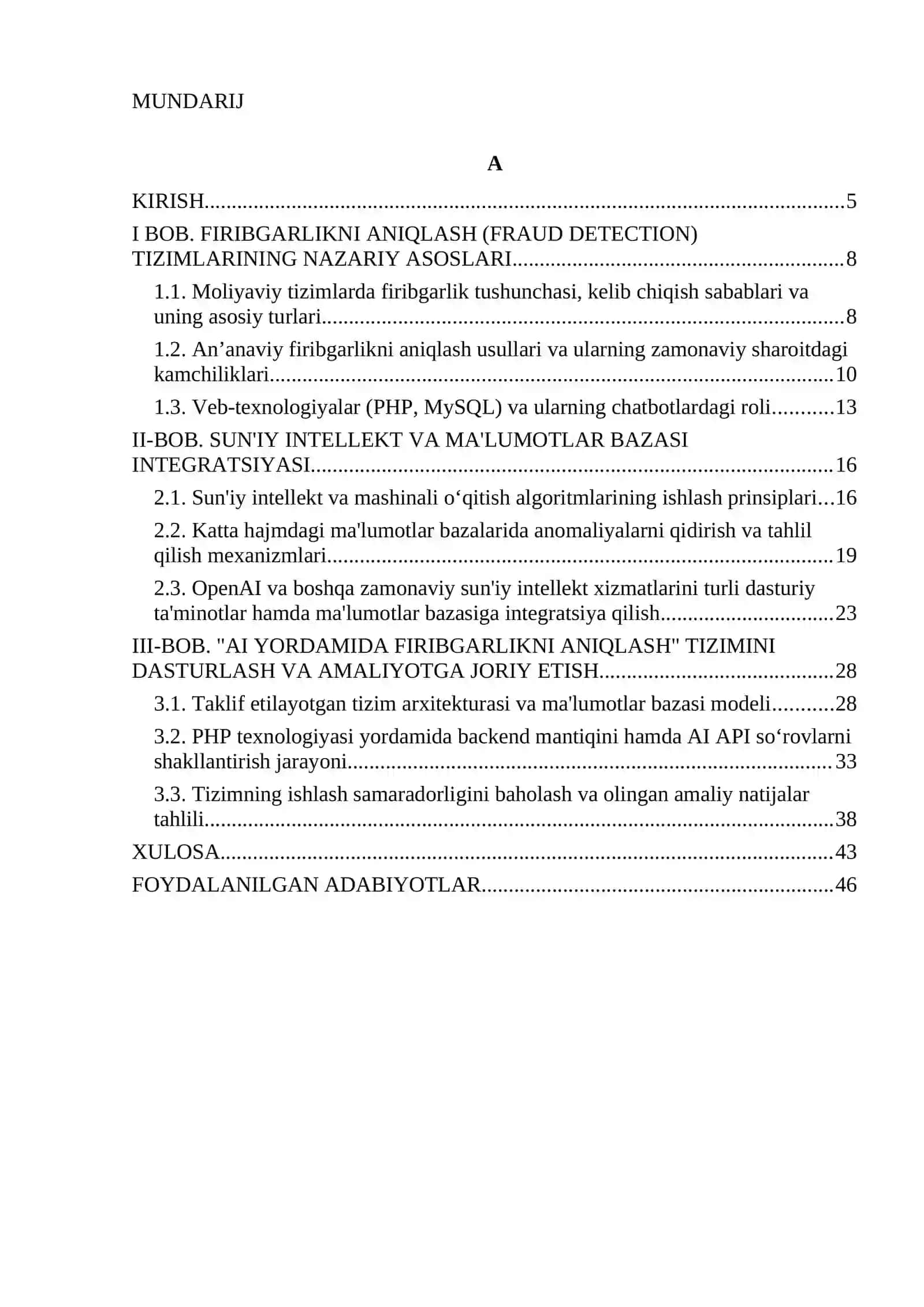 AI YORDAMIDA MAʼLUMOTLAR BAZASIDA FIRIBFARLIKNI ANIQLASH ISHLAB CHIQISH 4