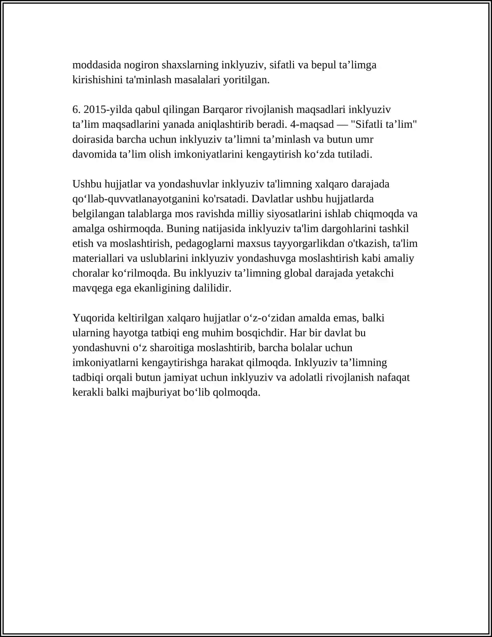 INKLYUZIV TA'LIMNING HUQUQIY ASOSLARINI XALQARO HUJJATLARDA TAHLIL QILISH 4