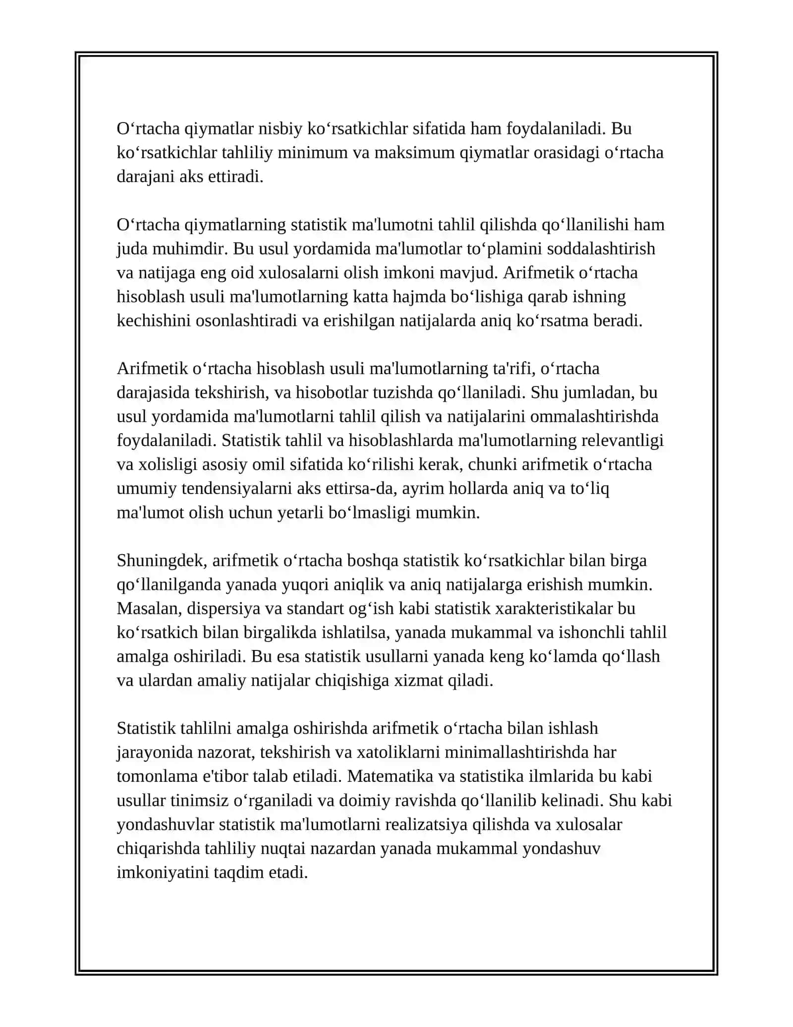 O‘RTACHA VA NISBIY KO‘RSATKICHLARNI HISOBLASH USULI HAMDA UNI TAHLILDA QO‘LLANILISHI 4