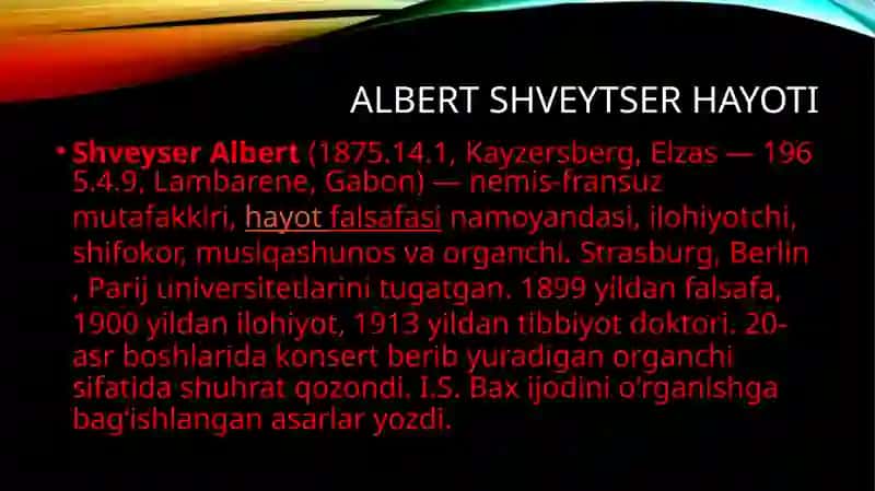Albert Shveytsner bioetika fanidan tayyorlagan mustaqil ish 4