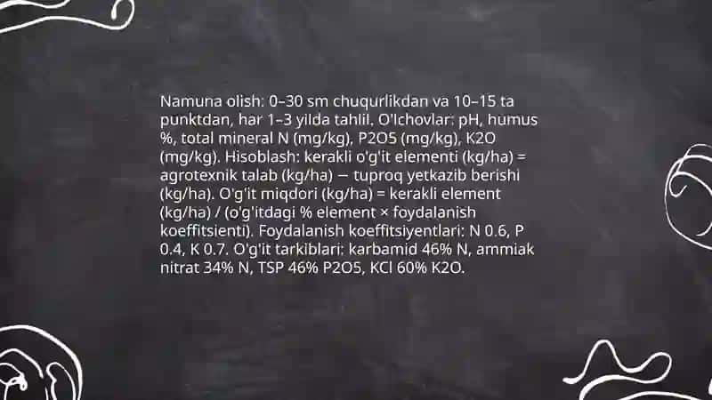 Meva oʻsimliklarini parvarish qilishda organik va mineral oʻgʻitlardan foydalanish me'yorlarini hisoblash 4