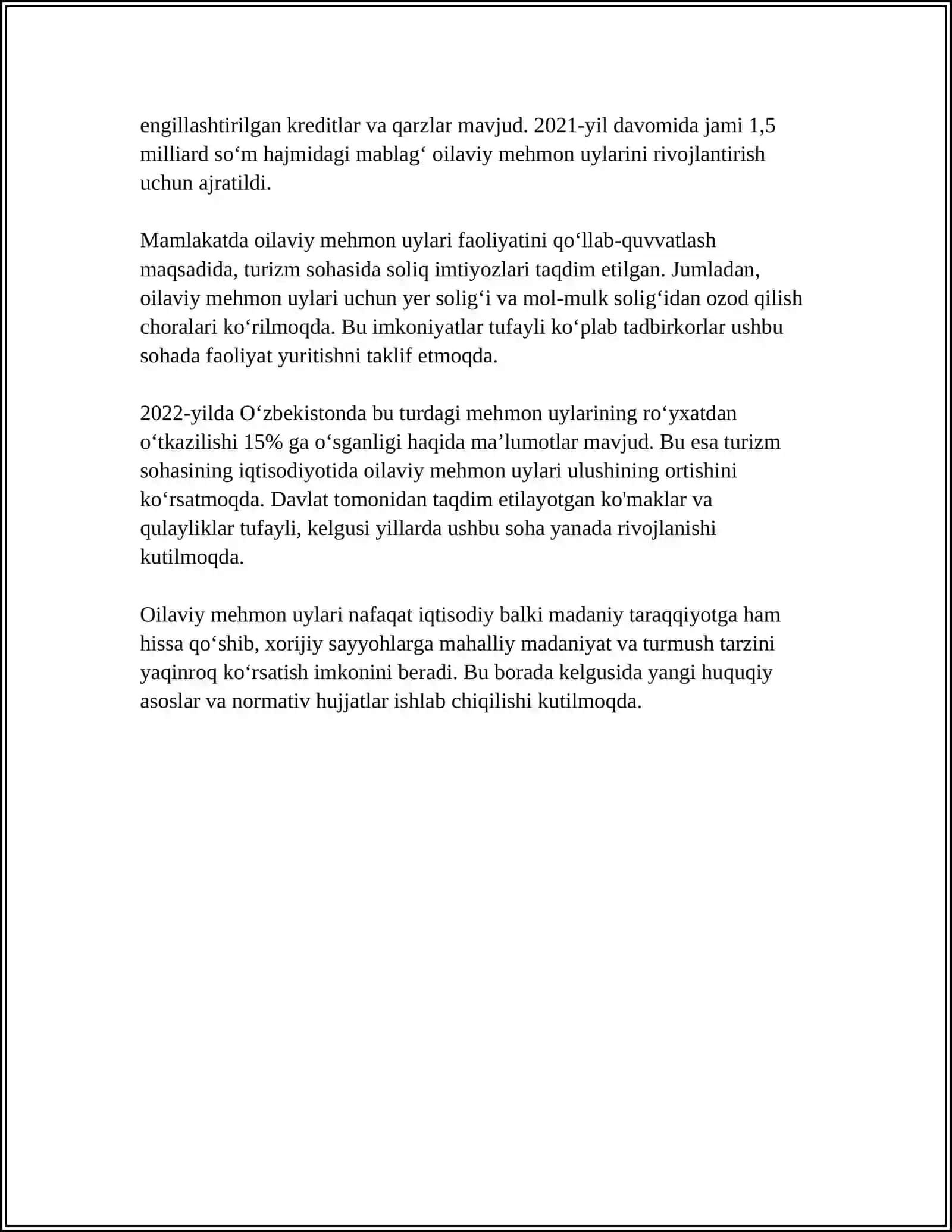 O‘ZBEKISTON RESPUBLIKASIDA OILAVIY MEHMON UYLARNI TASHKIL ETISH 4