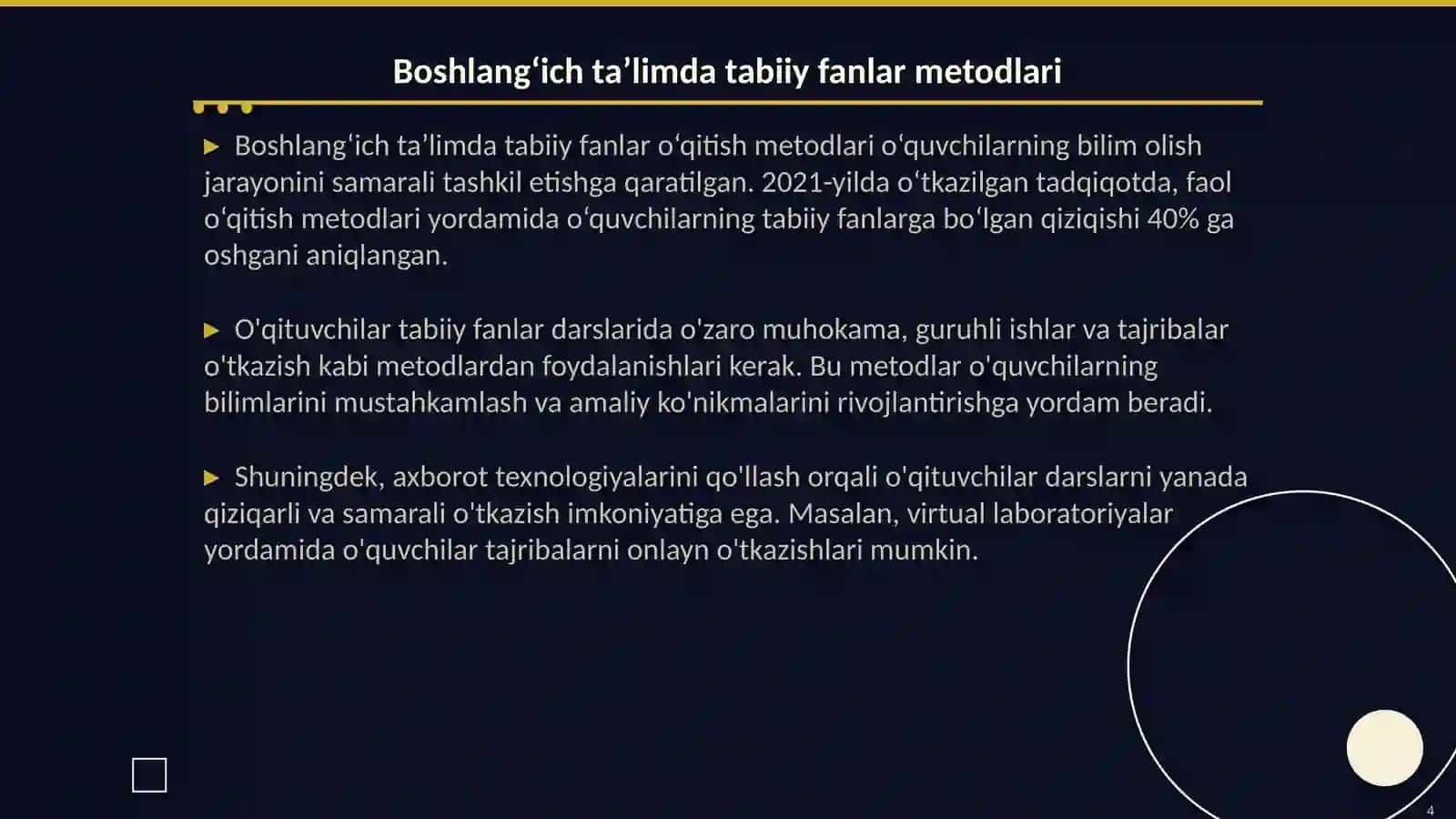 Boshlang‘ich ta’lim tabiiy fanlar darslarida axborot texnologiyalaridan foydalanishga oid 8 ta maqolani o‘rganish va tahlil qilish 4