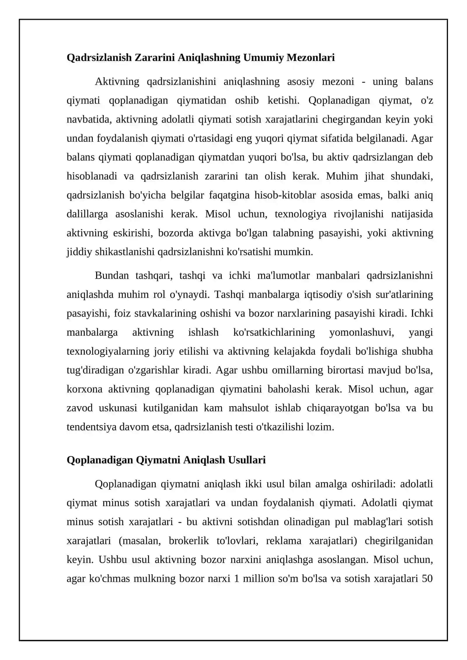Aktivlarning qadrsizlanishidan ko'rilgan zararni tan olish, analitik, sintetik hisobini yuritish va moliyaviy hisobotlarda aks ettirish 4