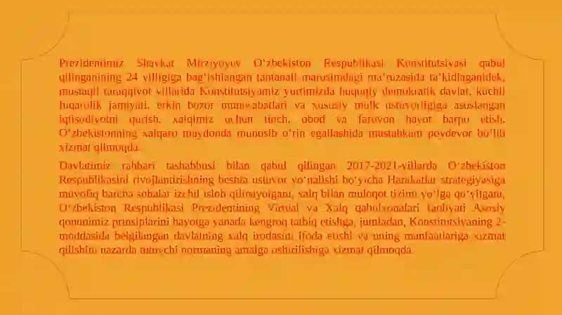 O'ZBEKISTON RESPUBLIKASI DEMOKRATIK HUQUQIY DAVLAT QURISH VA FUQAROLIK JAMIYATINI SHAKLLANTIRISH 4