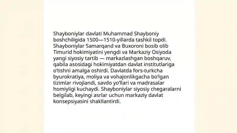 Oʻzbek davlatchiligining tarixiy bosqichlari ( Oʻzbekiston hududidagi Shayboniylar davlati tarixi misolida) 4