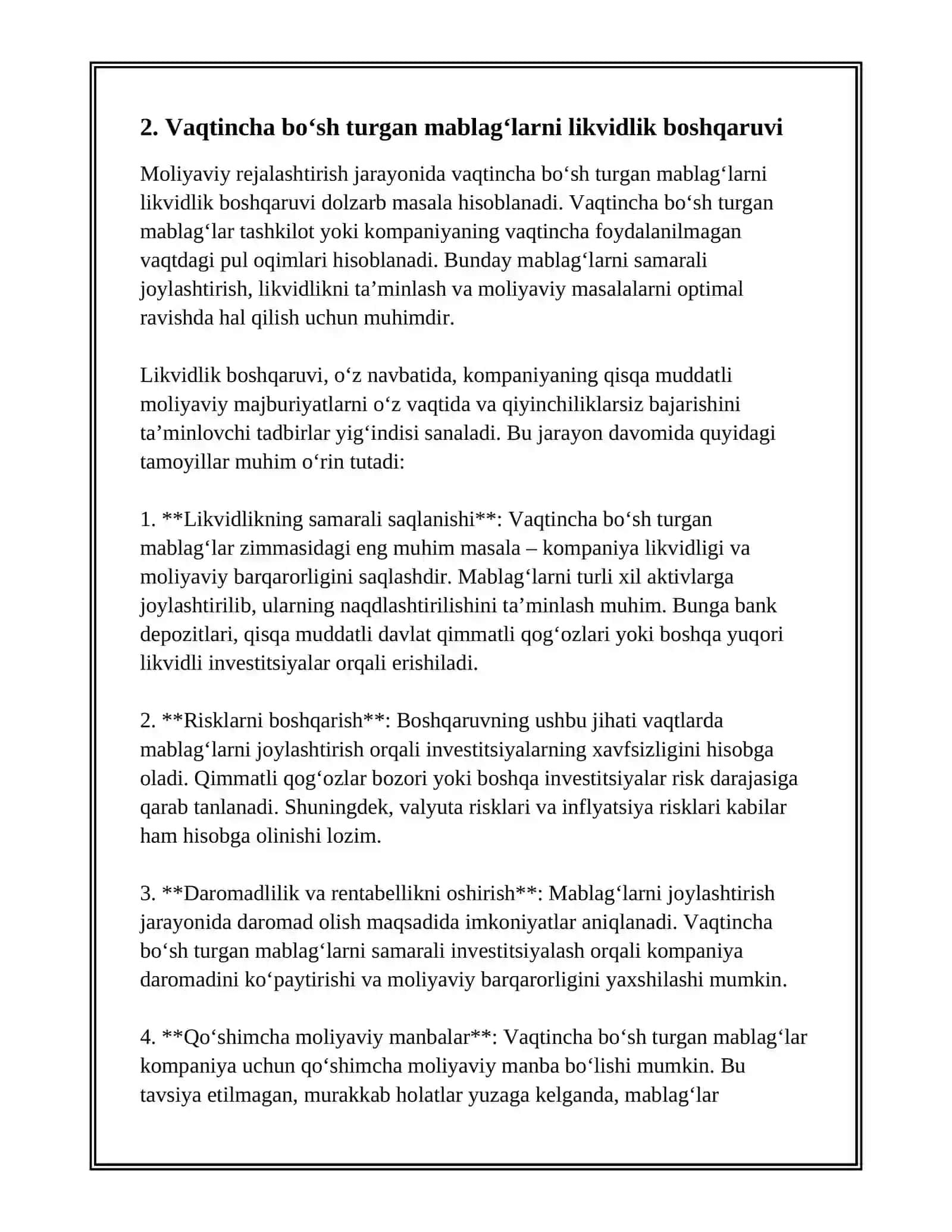 MOLIYAVIY REJALASHTIRISHDA JALB QILINGAN MABLAG‘LAR HAMDA VAQTINCHA BO‘SH TURGAN MABLAG‘LARNI JOYLASHTIRISH MENEJMENTI 4